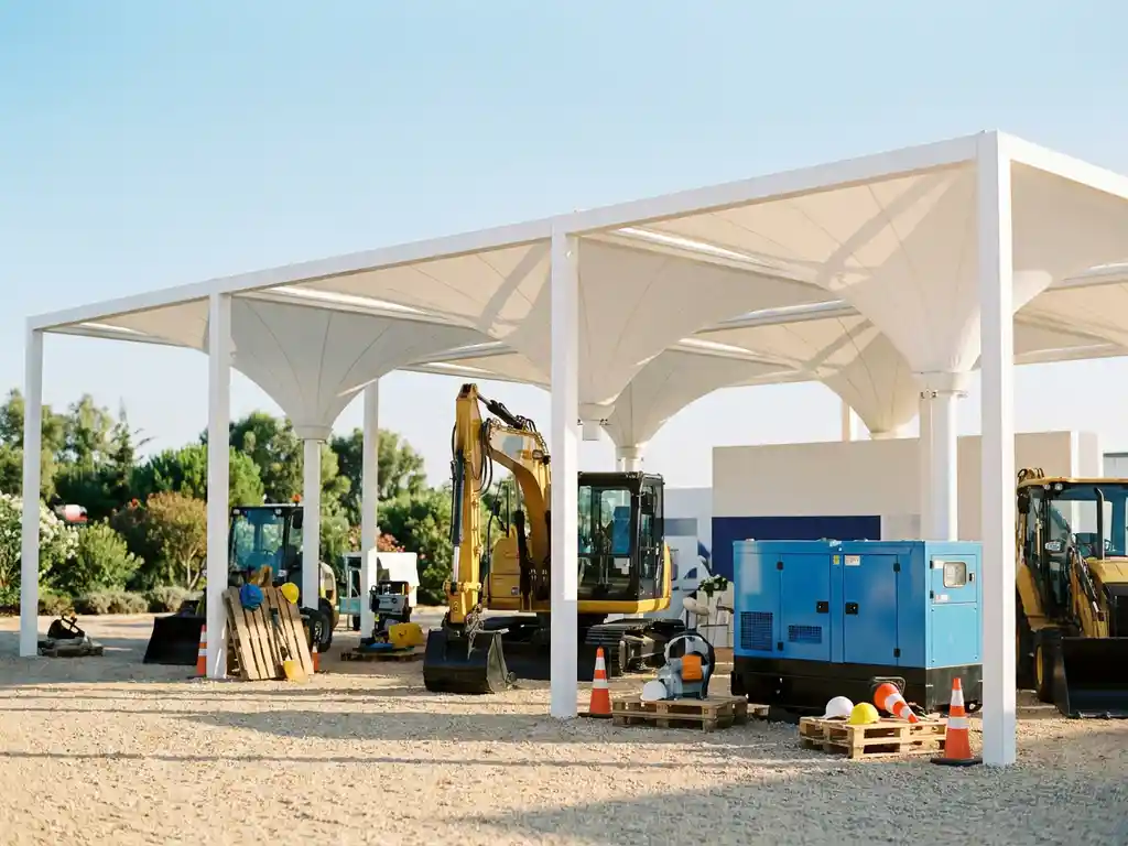 Modularer Messestand mit weißem Pavillon und Baumaschinen auf sonnigem Kiesplatz bei einer Outdoor-Messe.