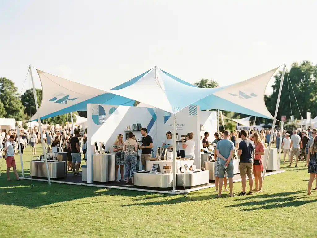 Outdoor-Messestand mit blau-weißen Markisen und Produktdisplays auf sonnenbeschienem Ausstellungsgelände mit Besuchern.