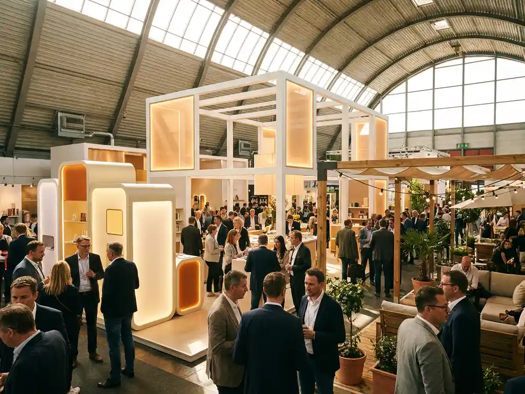 Belebte Messehalle mit zweistöckigem Messestand aus weißem Rahmenwerk, modularen Displays und Freiluftbereich im warmen Tageslicht.