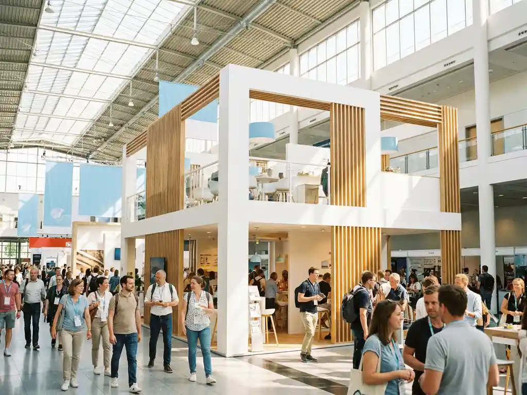 Zweistöckiger Messestand mit weißen Paneelen und Holzakzenten in einer lichtdurchfluteten Ausstellungshalle mit Besuchern.