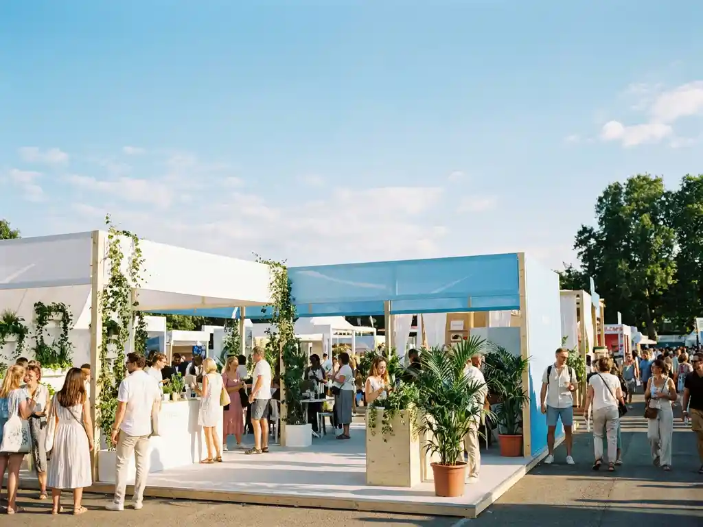 Moderner Messestand im Freien mit weißer Modularchitektur, Besuchern und üppigem Grün unter blauem Sommerhimmel.