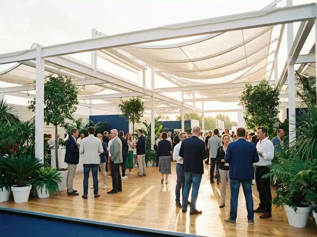 Moderner Open-Air-Messestand mit weißer Architektur, Holzboden und Besuchern, umgeben von Grünpflanzen unter blauem Himmel.