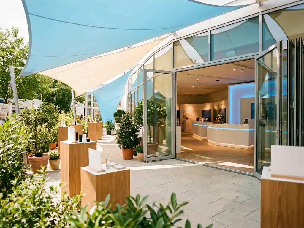 Moderner Messestand mit blauem Sonnendach und Produktdisplays im Freien, dahinter verglaster Hallenbereich, natürliches Tageslicht und Grünpflanzen.