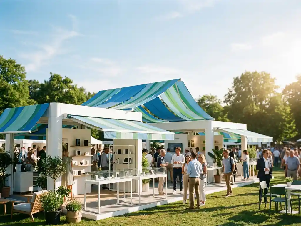 Moderner Messestand im Freien mit weißen Modulstrukturen, Markenzelten und Produktdisplays unter blauem Himmel und Grünflächen.