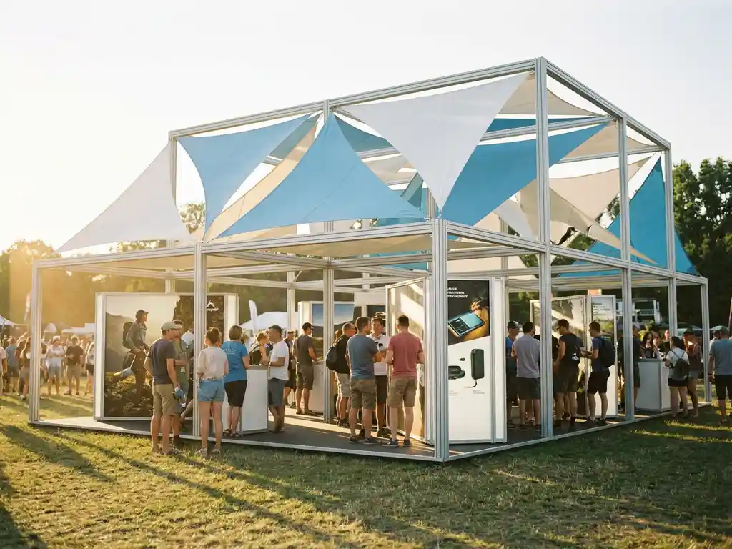 Modularer Messestand im Freien mit weißen und hellblauen Markisen, Produktpräsentationen und Besuchern im goldenen Sommerlicht.