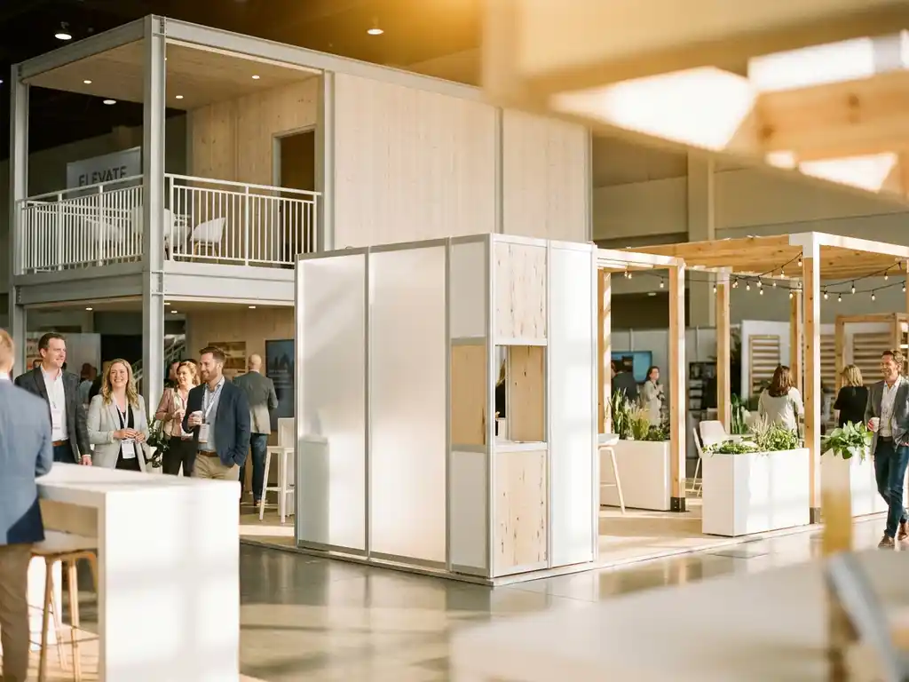 Helle Messehalle mit drei Messeständen aus Modularsystem, zweigeschossiger Stahlkonstruktion und Open-Air-Display in Weiß und Birkenholz.