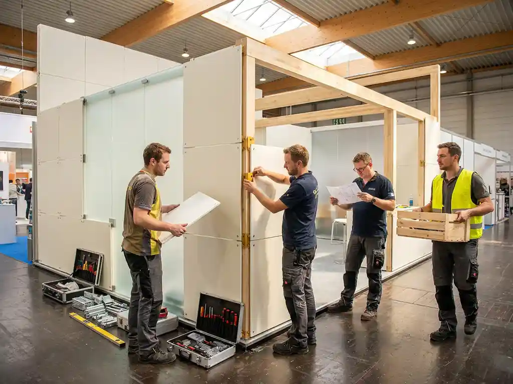 Messebauer montieren einen modularen Messestand aus weißen Paneelen in einer lichtdurchfluteten Messehalle.