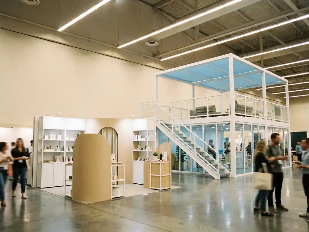 Zwei Messestände nebeneinander in heller Ausstellungshalle – ein kompakter Stand und ein großer Doppeldecker-Stahlbau auf Betonboden.