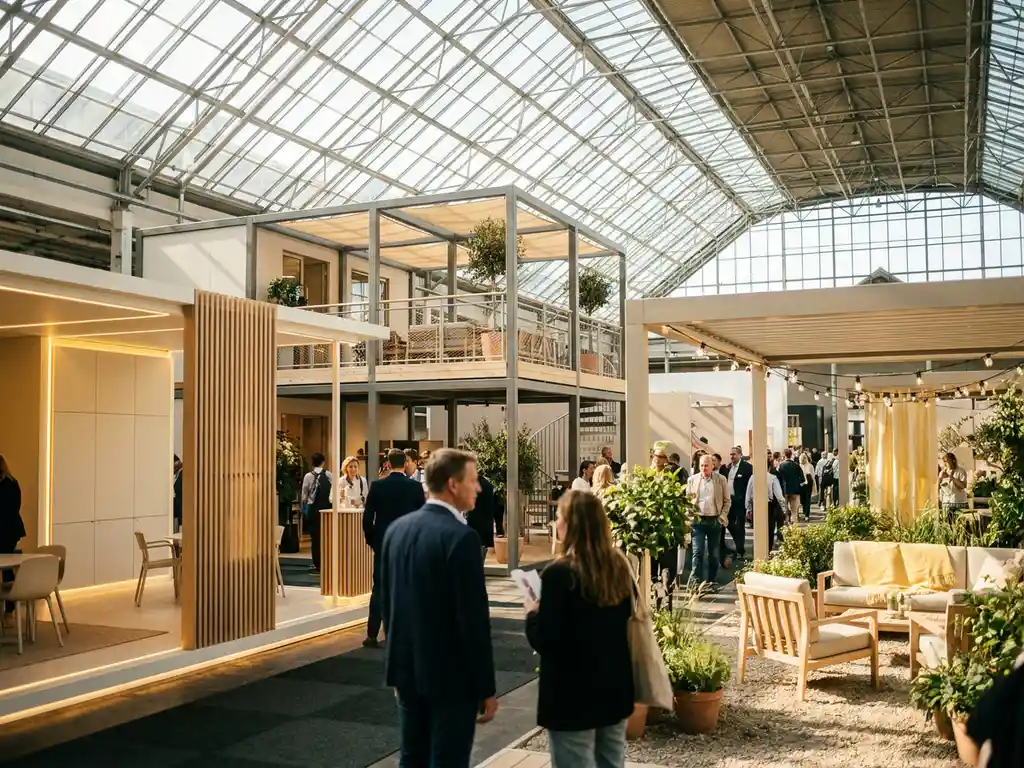 Helle Messehalle mit modularem Stand, zweistöckigem Stahlrahmen-Stand und offenem Outdoor-Display in Weiß- und Holztönen unter Glasdach.