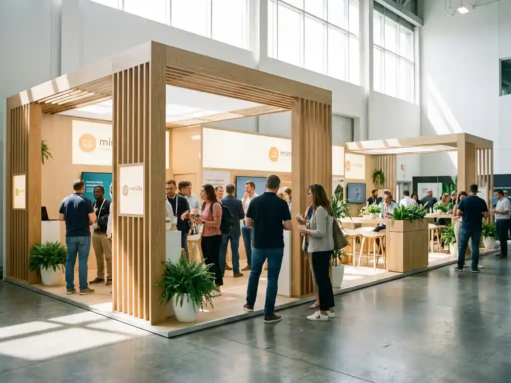 Moderner Messestand mit Eckposition, hellen Holztönen und grünen Akzenten zieht Besucher aus mehreren Gängen an.
