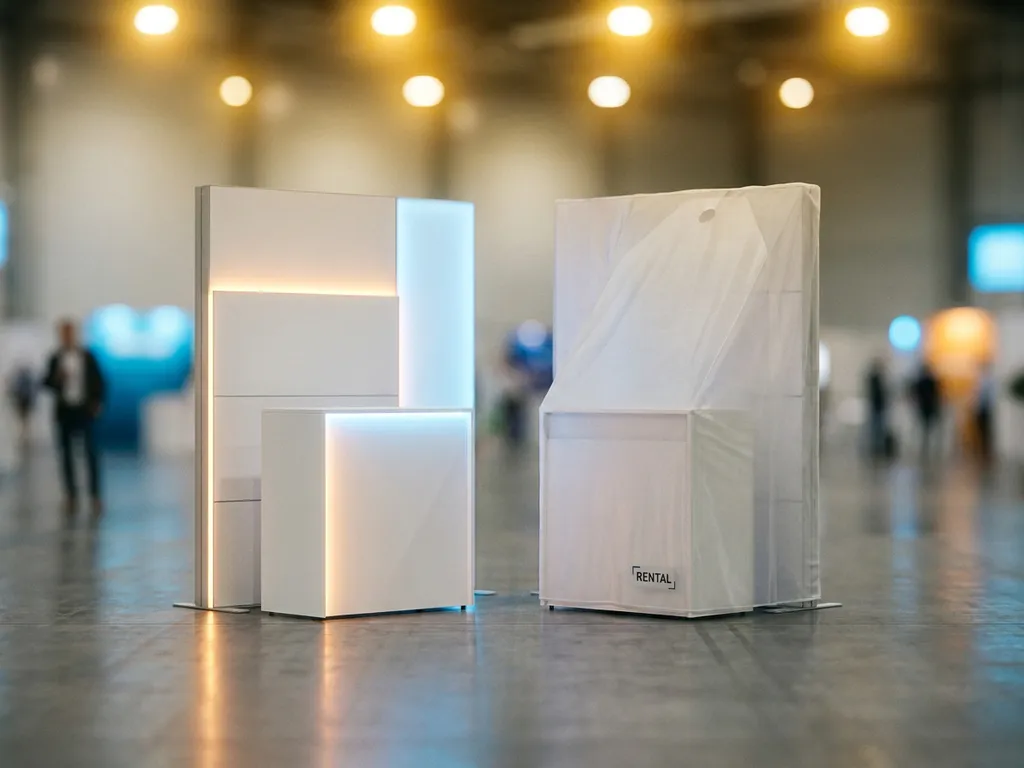 Modulares Messesystem mit weißen Paneelen und Akzentbeleuchtung neben einem Mietstand in heller Messehalle.