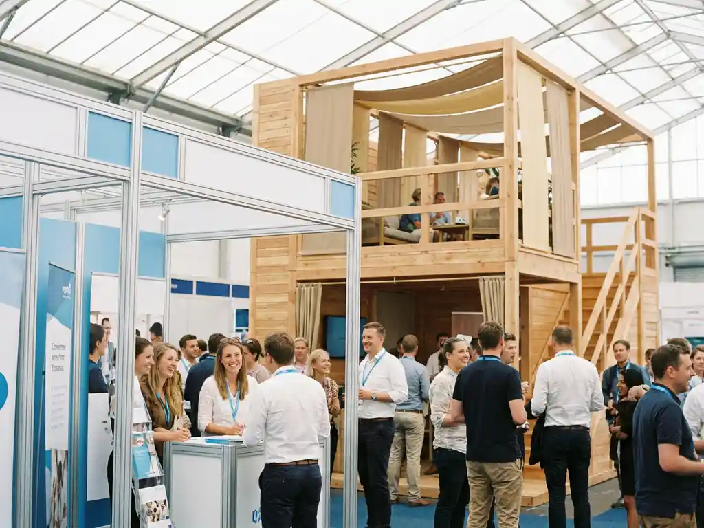 Messestand mit modularem Aluminiumrahmen und zweigeschossigem Holzexponat in hellem Ausstellungsraum mit Besuchern.