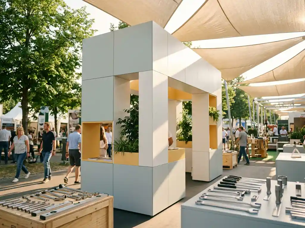 Modularer Messestand mit weißen und hellgrauen Paneelen im Freien, umgeben von Grünflächen und warmem Sonnenlicht.