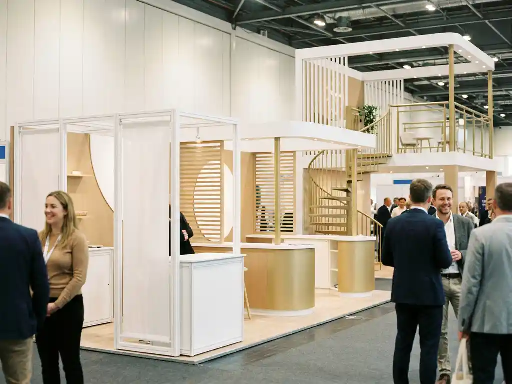 Drei Messestand-Varianten nebeneinander: modularer Kompaktstand, individueller Mittelstand und zweigeschossiger Pavillon in Weiß und Sandtönen.