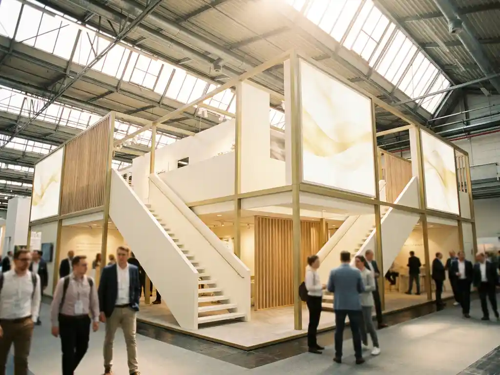 Zweistöckiger Messestand mit weißen Treppen, Holzakzenten und natürlichem Licht durch Oberlichter in einer modernen Messehalle.