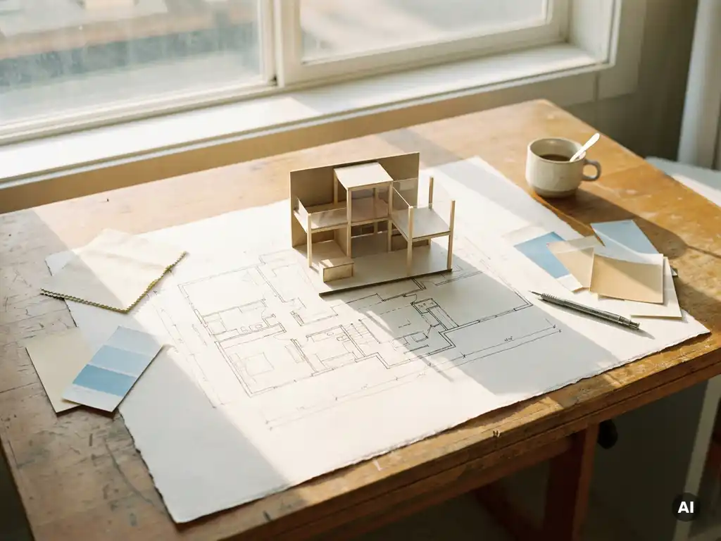 Architektonischer Grundriss auf einem Zeichentisch mit einem Maßstabsmodell eines Messestands, Farbmustern, Bleistift und Kaffeetasse im Sonnenlicht.