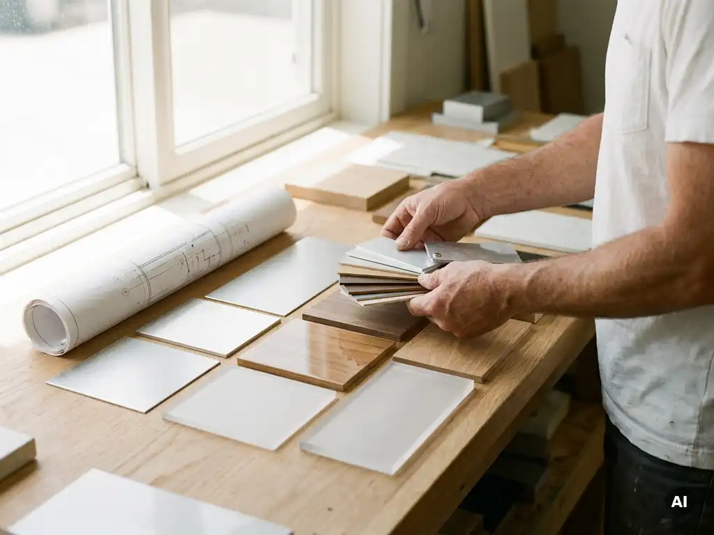 Handwerker arrangiert Holzpaneele, Aluminiumbleche und Acrylplatten mit Architekturplan auf hellem Arbeitstisch.