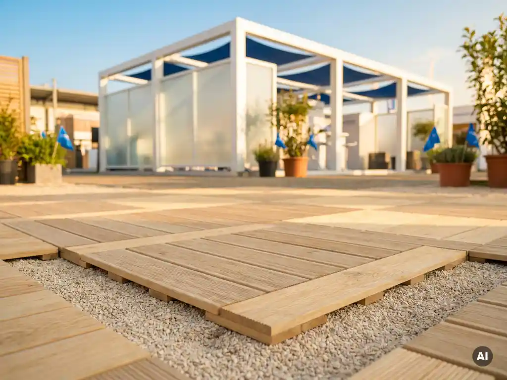 Holzfliesen-Terrassenboden auf einem Messegelände im Freien, moderner Ausstellungsstand im sonnigen Hintergrund.