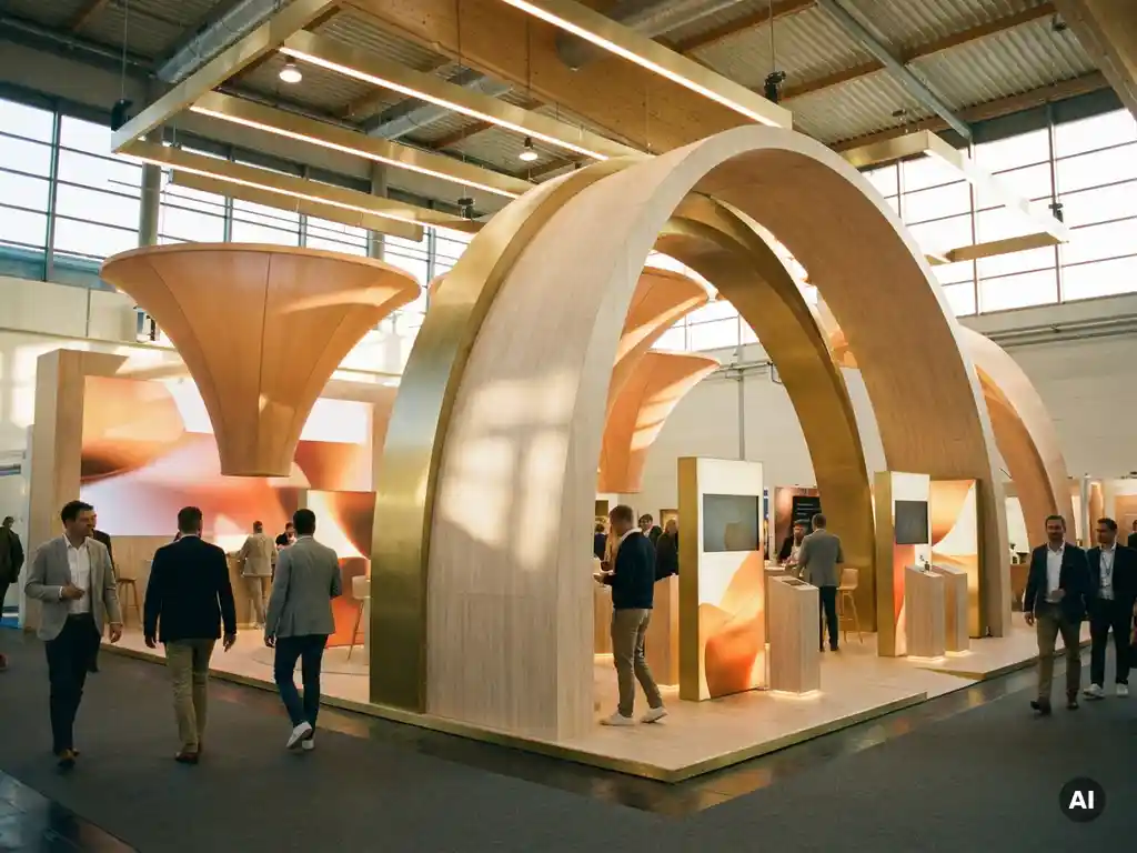 Individueller Messestand mit geschwungener Architektur und Markenflächen in warmweißen und goldenen Tönen auf einer Fachmesse.