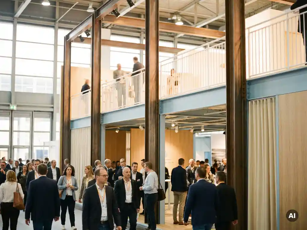 Zweistöckiger Messestand mit Stahlsäulen, weißen Geländern und Holzakzenten, Besucher auf hellem Ausstellungsparkett.
