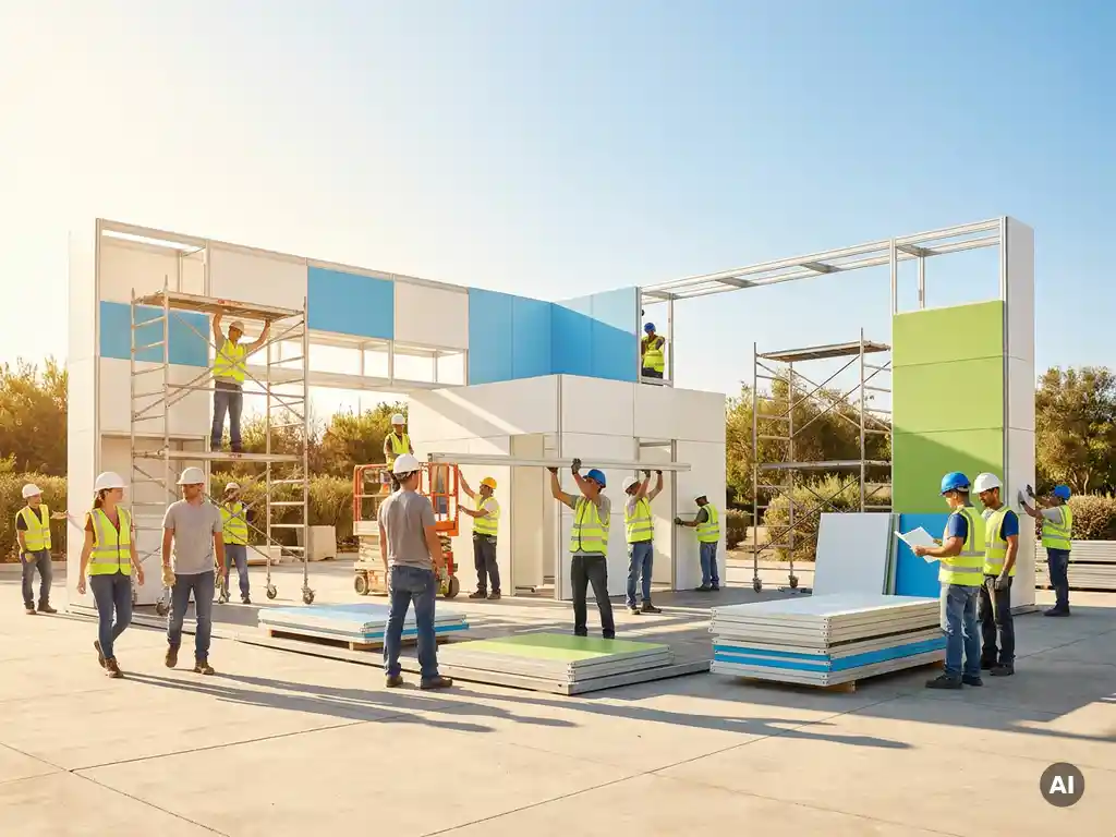 Bauarbeiter montieren einen großen Messestand im Freien auf einem sonnigen Ausstellungsgelände mit Gerüsten und modularen Paneelen.