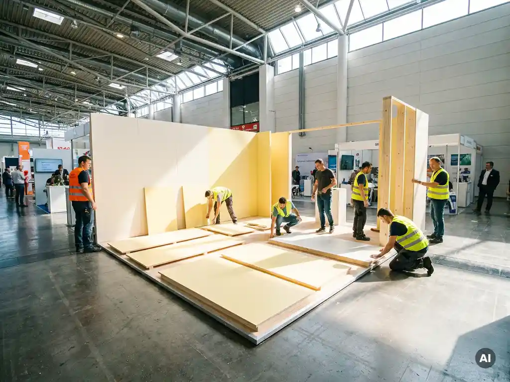 Messebauteam montiert modularen Messestand mit Holzelementen in heller Messehalle mit Tageslichteinfall durch Oberlichter.