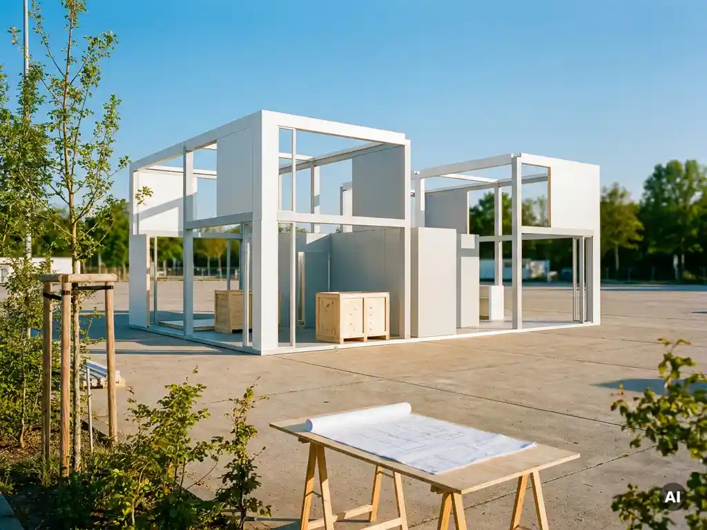 Modularer Messestand aus weißen und hellgrauen Strukturen im Aufbau unter blauem Himmel mit Architekturplan auf dem Tisch.