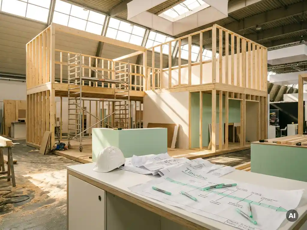 Messestand im Aufbau mit Holzrahmen, Bauplänen und Schutzhelm auf weißem Arbeitstisch, helles Messehallenlicht.