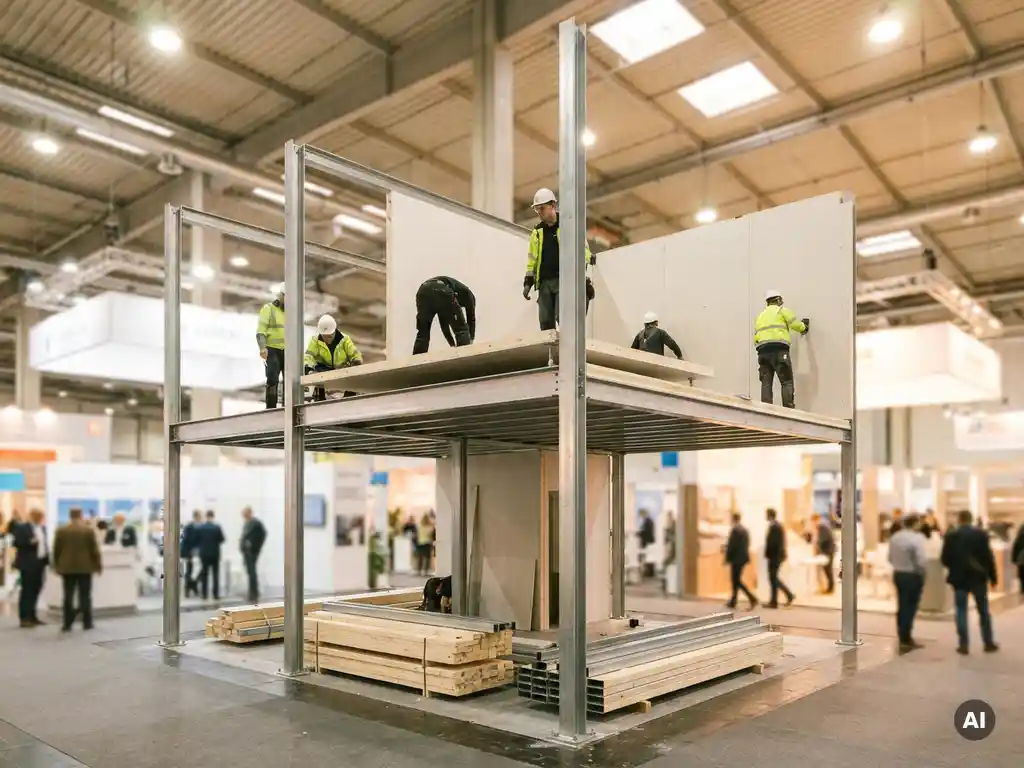 Zweigeschossiger Messestand im Aufbau mit Stahlgerüst, Arbeiter montieren Oberdeckpaneele in hell beleuchteter Messehalle.