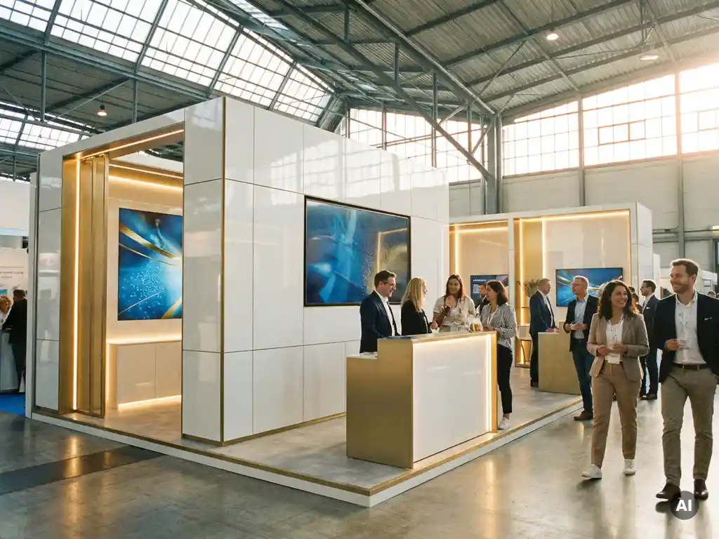 Moderner Messestand mit weißen Modulwänden, goldenen Akzentlichtern und Besuchern in heller Messehalle.