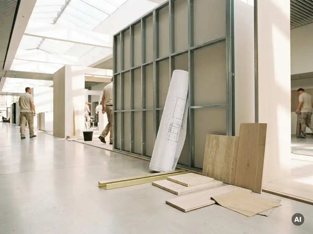 Messestand im Aufbau mit Architekturplan und Materialmustern in Weiß und Sandtönen in moderner Messehalle.
