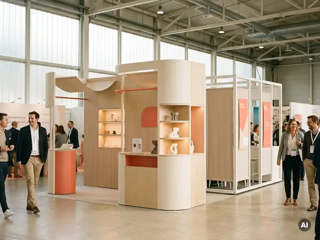 Maßgefertigter Messestand mit architektonischen Details neben einem modularen Mietstand auf hellem Messeparkett in warmen Sand- und Korallentönen.