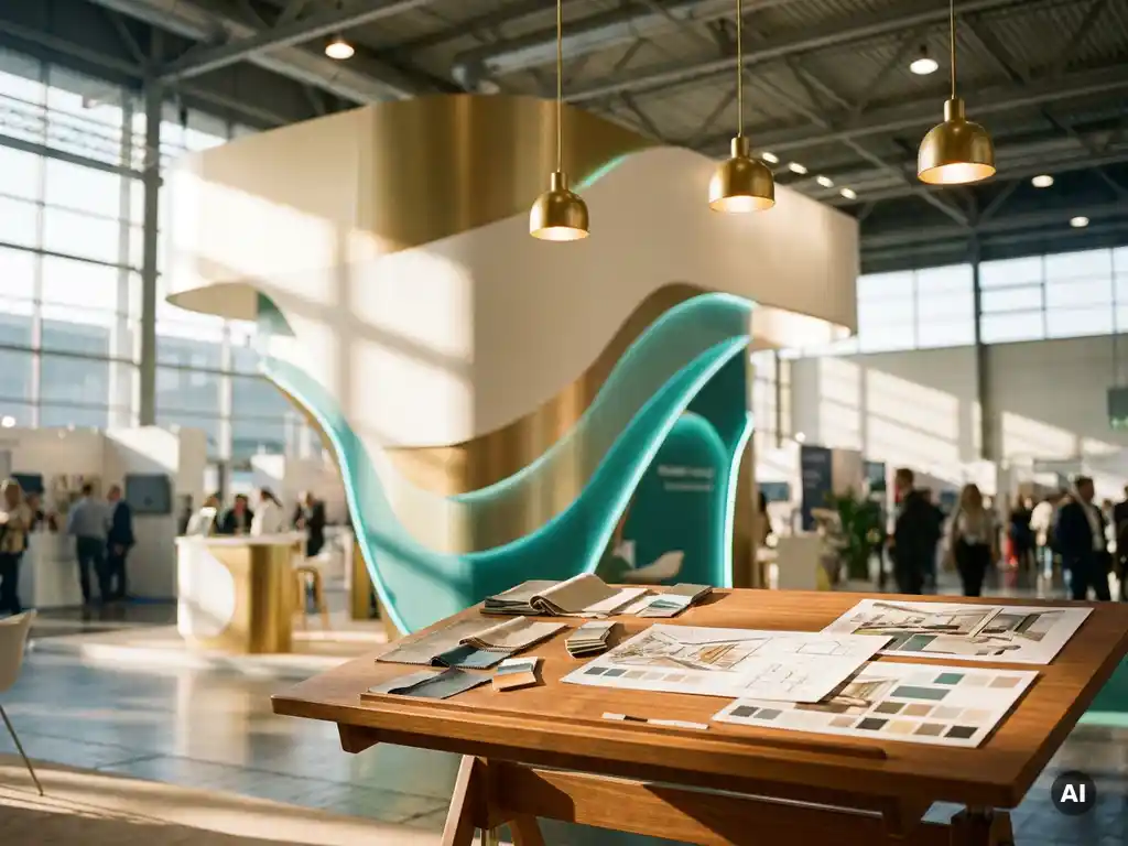 Geschwungener Messestand mit gold-weißen Markenpanelen und türkisfarbenen Akzenten, Entwurfsboards und Materialproben auf Zeichentisch im Vordergrund.