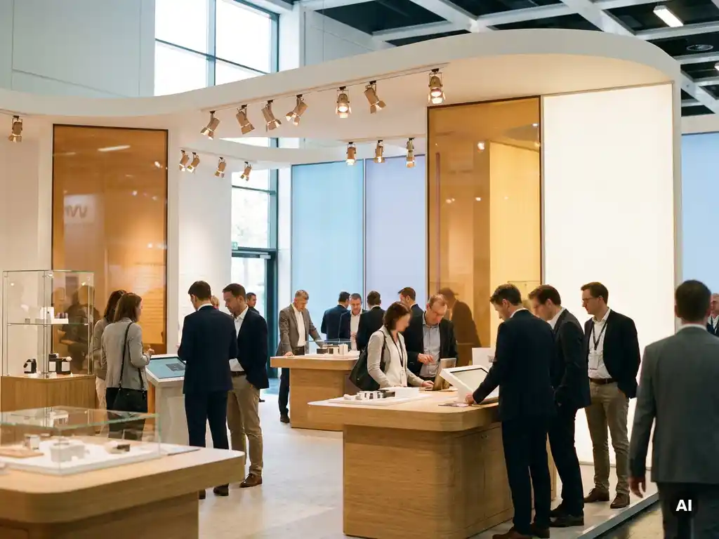 Moderner Messestand mit geschwungenen weißen Wänden und Markenmodulen in einer hellen Messehalle mit Spotlights und Besuchern.