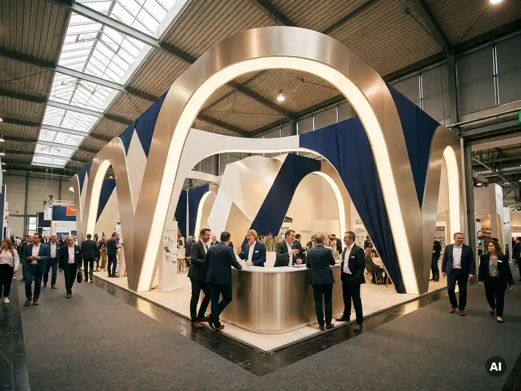 Individueller Messestand in Weiß und Navy mit markanter Architektur in heller Messehalle mit natürlichem Lichteinfall.