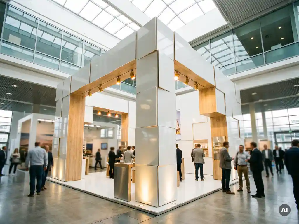 Individueller Messestand mit weißen Paneelen und geometrischer Architektur in einer modernen Messehalle, beleuchtet von warmem Spotlicht.