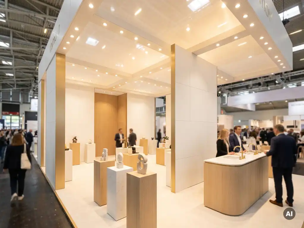 Moderner Messestand mit weißen Modulwänden, Holzakzenten und beleuchteten Produktpodesten in einer belebten Messehalle.