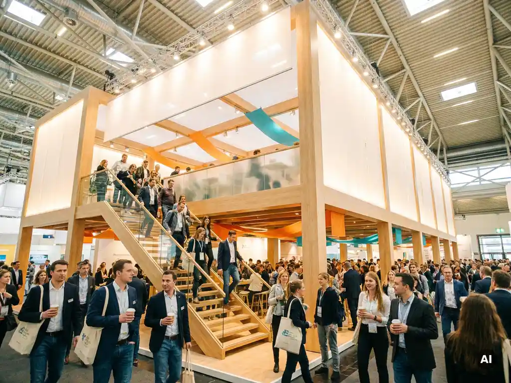 Zweistöckiger Messestand aus hellem Holz mit offener Treppe, umgeben von Besuchern in einer lichtdurchfluteten Messehalle.