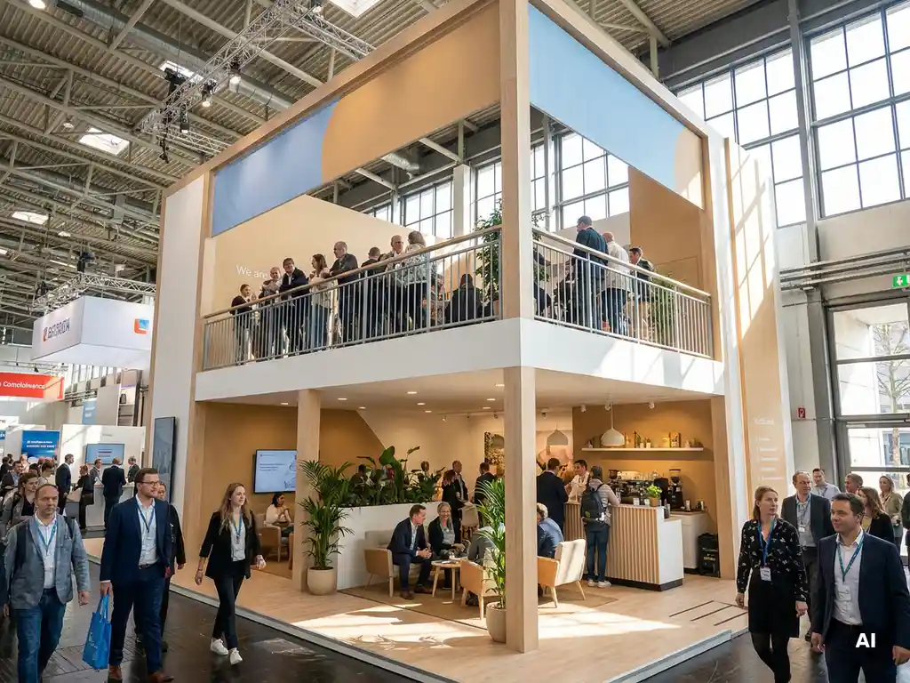 Zweistöckiger Messestand mit offener Dachterrasse, hellem Holzdekor und großen Fensterfronten auf belebtem Messeparkett.