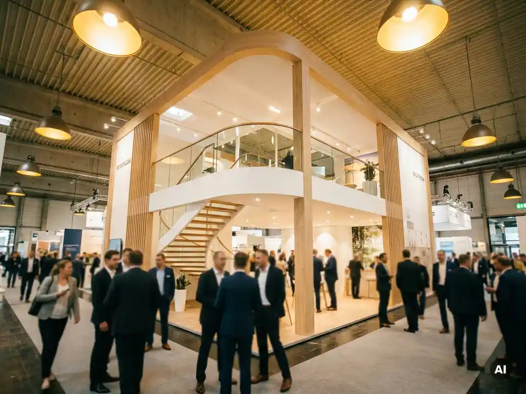 Zweistöckiger Messestand mit Glasgeländer und offener Treppe in heller Messehalle, Besucher darunter, warme Holztöne und weißes Design.