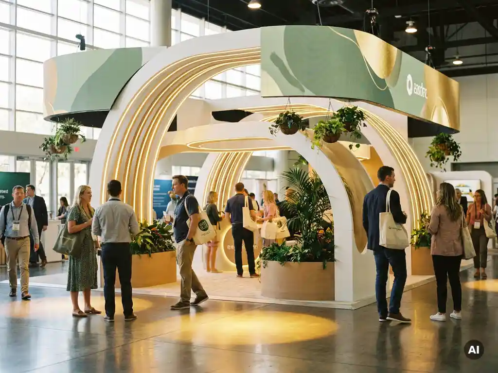 Moderner Messestand mit weißer Modularchitektur, goldenen Spotlights und Grünpflanzen in einer belebten Messehalle.