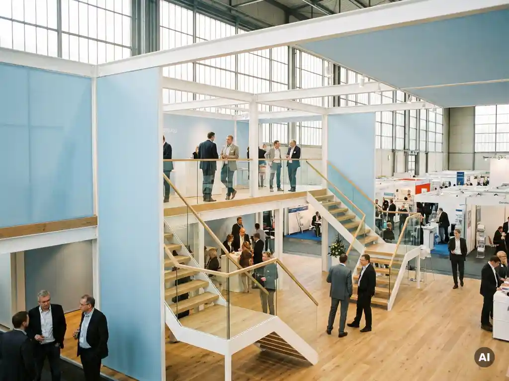 Zweistöckiger Messestand mit weißen Stahlträgern, Holzakzenten und Besuchern auf der Galerie in moderner Messehalle.