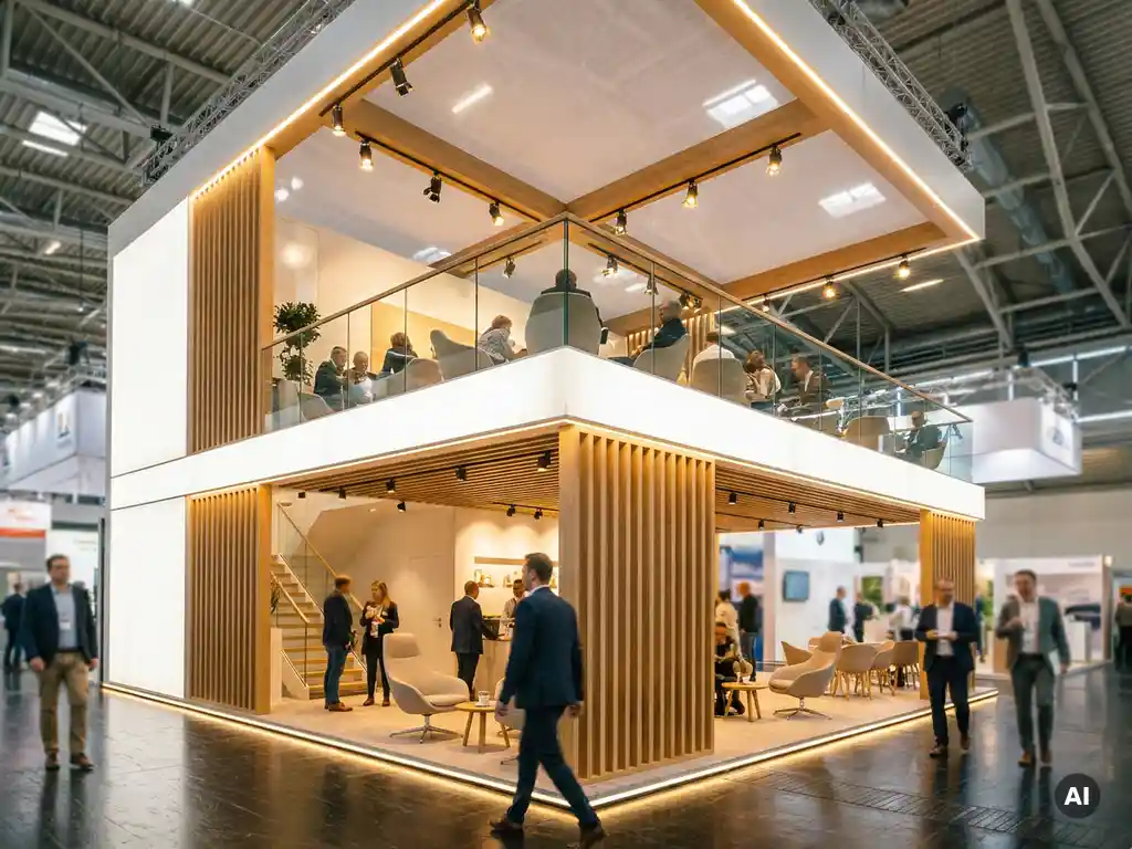 Zweistöckiger Messestand mit weißen Oberflächen und Holzakzenten, Glasbrüstung auf der Empore, belebte Besucher in moderner Messehalle.