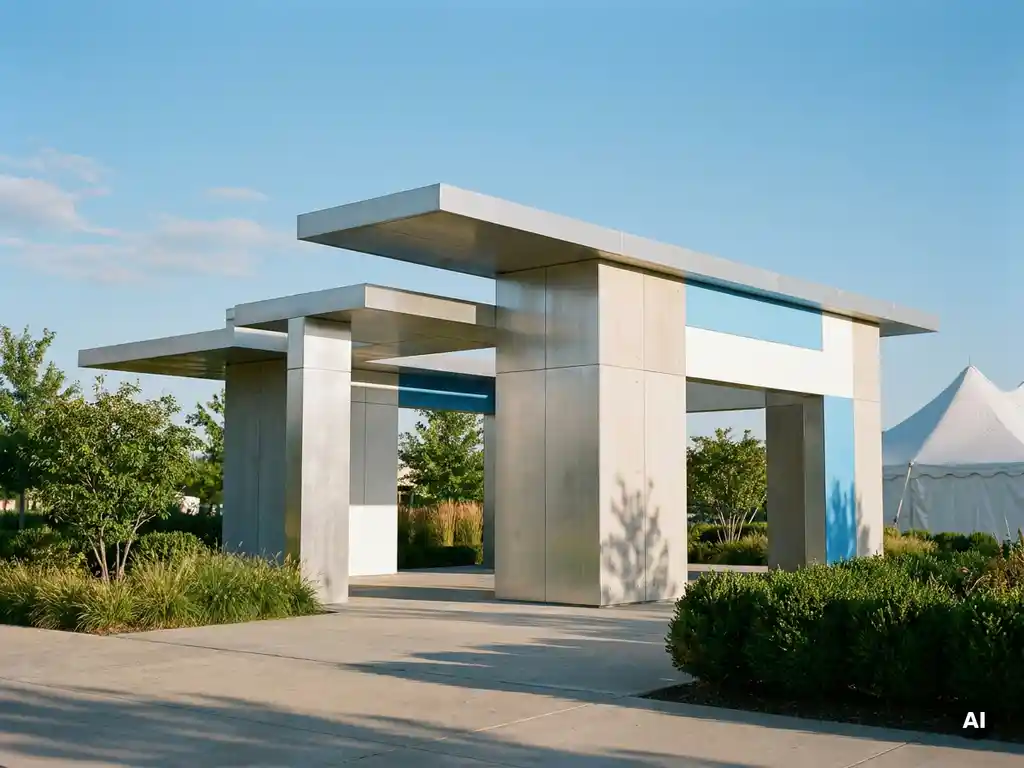 Moderner Messestand aus Beton und Aluminium unter blauem Himmel, umgeben von grüner Bepflanzung und weißem Zelt im Hintergrund.