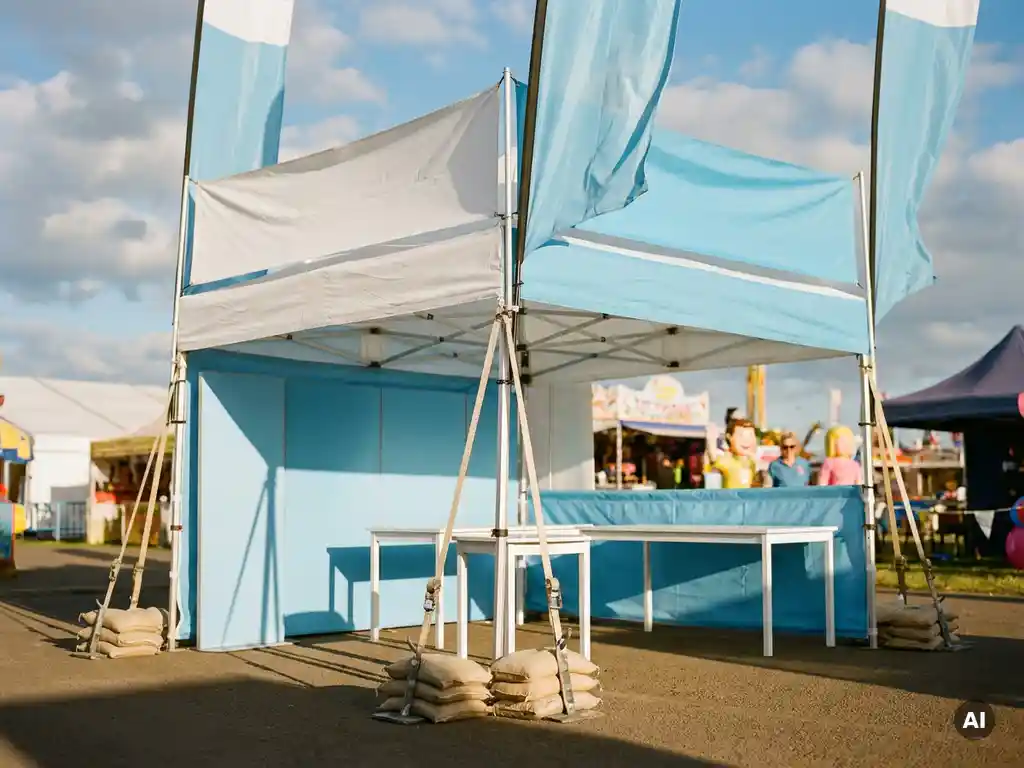 Outdoor-Messestand mit blau-weißem Markisendach, Sandsäcken und Erdankern bei sonnigem Messeplatz mit weißen Wolken.