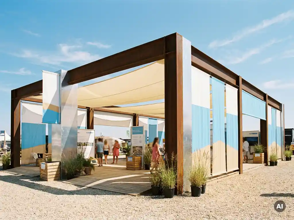 Outdoor-Messestand aus Cortenstahl und Aluminium mit Textildach unter blauem Sommerhimmel auf beleuchtetem Kiesgelände.