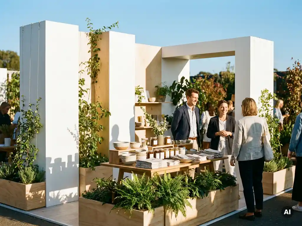 Moderner Messestand mit weißen Modulpanelen und Holzelementen, umgeben von grüner Bepflanzung im Sonnenlicht.