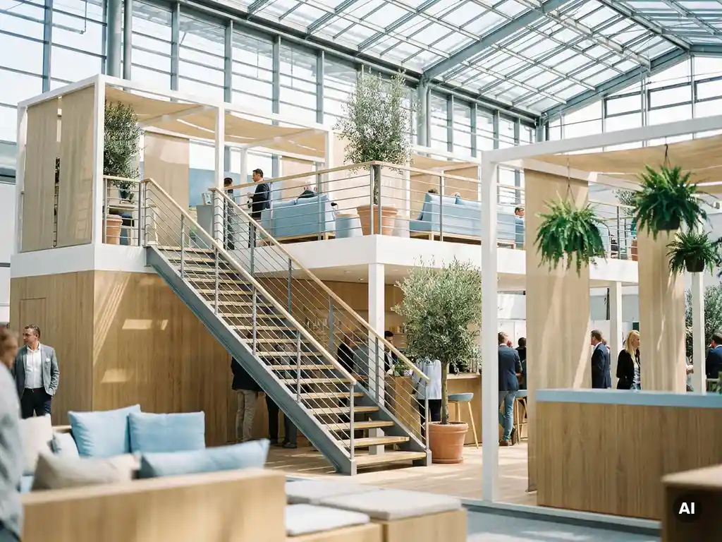 Zweistöckiger Messestand mit Stahltreppe, hellem Holz und weißen Flächen unter natürlichem Tageslicht in moderner Messehalle.