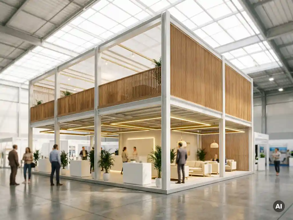 Zweistöckiger Messestand mit weißem Stahlgerüst, Holzverkleidung im Obergeschoss und offenen Ausstellungsflächen in moderner Messehalle.