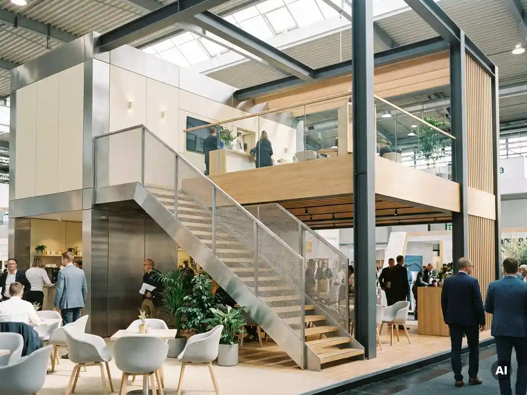 Zweistöckiger Messestand mit Stahltreppe, hellen Cremetönen, Holzakzenten und natürlichem Lichteinfall durch Dachfenster.